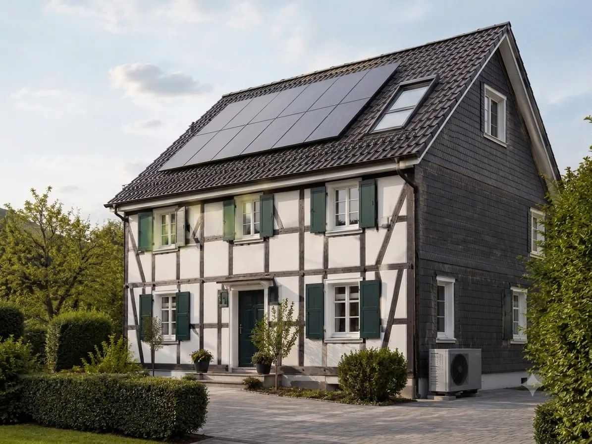 Saniertes Fachwerkhaus mit Photovoltaik-Anlage auf dem Dach und Wärmepumpe im Garten